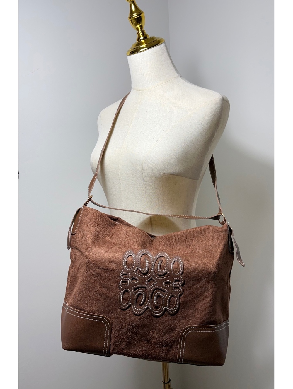 Brown Suede and Vegan Leather Shoulder Bag with Embroidered Design, Adjustable
